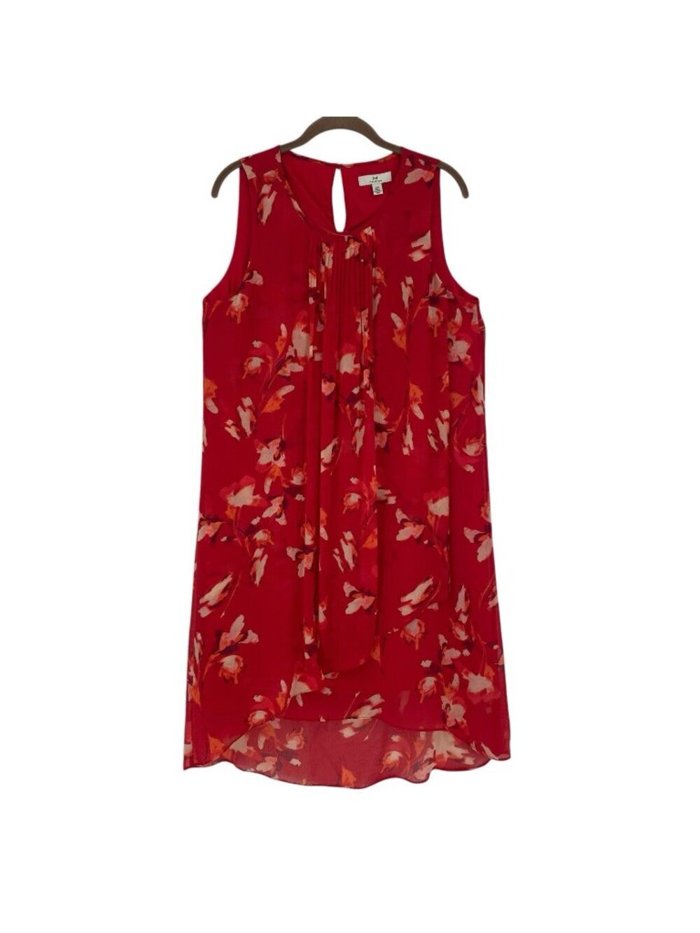 H Halston Women’s Size M Red Floral Chiffon Layered Sun Dress Summer